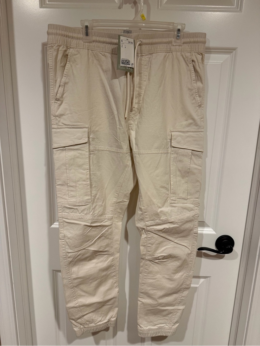 H&M Men’s Beige Cargo Jogger Pants L Regular Elastic Waist Drawstring Pockets